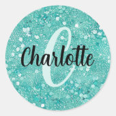 Glam Teal Mint Nep Glitter Glans Monogram Naam Ronde Sticker (Voorkant)