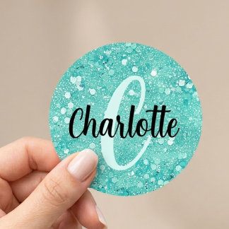 Glam Teal Mint Nep Glitter Glans Monogram Naam Ronde Sticker
