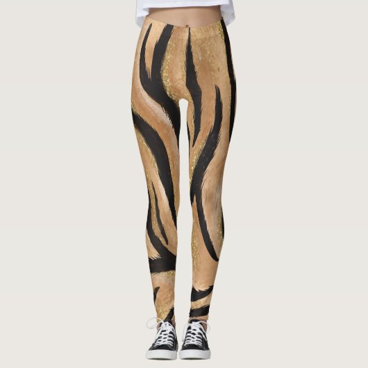 Glam Tiger print Wild Cat Animal Patroon Faux Gold Leggings (Voorkant)