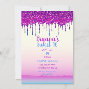 Glam Trendige Roze Blauwe Glitters Drip Sweet 16 F Kaart