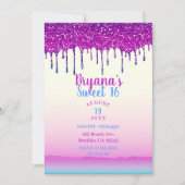 Glam Trendy Roze Blauw Glitter Drip Sweet 16 Party Kaart (Voorkant)