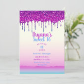 Glam Trendy Roze Blauw Glitter Drip Sweet 16 Party Kaart (Staand voorkant)