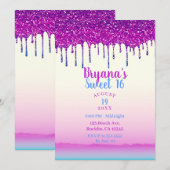 Glam Trendy Roze Blauw Glitter Drip Sweet 16 Party Kaart (Voorkant / Achterkant)
