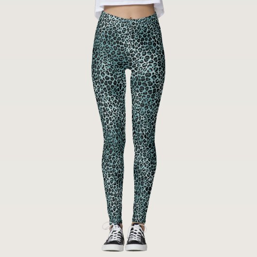 Glam Turquoise Blauwgroen blauwe luipaard afdrukke Leggings (Voorkant)