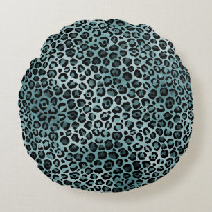 Glam Turquoise Blauwgroen blauwe luipaard afdrukke Rond Kussen
