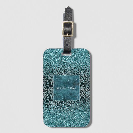 Glam Turquoise Blauwgroen Blue Leopard Print Glitt Bagagelabel (Voorkant (verticaal))