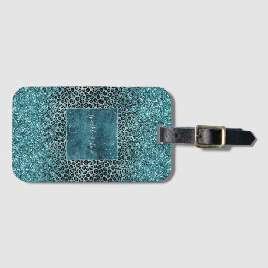 Glam Turquoise Blauwgroen Blue Leopard Print Glitt Bagagelabel (Voorkant (horizontaal))