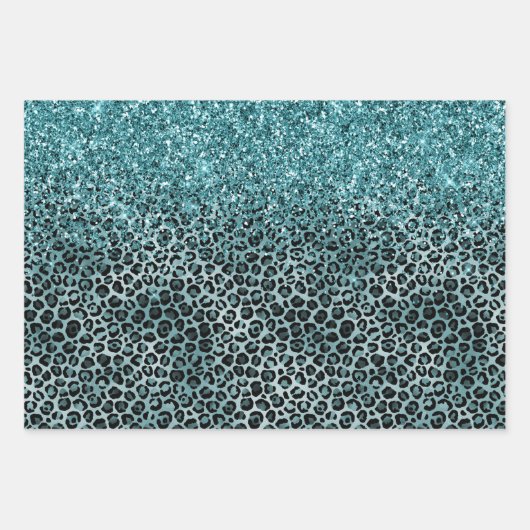 Glam Turquoise Blauwgroen Blue Leopard Print Glitt Inpakpapier Vel (Voorkant 3)