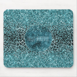 Glam Turquoise Blauwgroen Blue Leopard Print Glitt Muismat