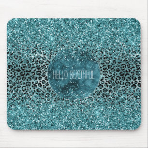 Glam Turquoise Blauwgroen Blue Leopard Print Glitt Muismat
