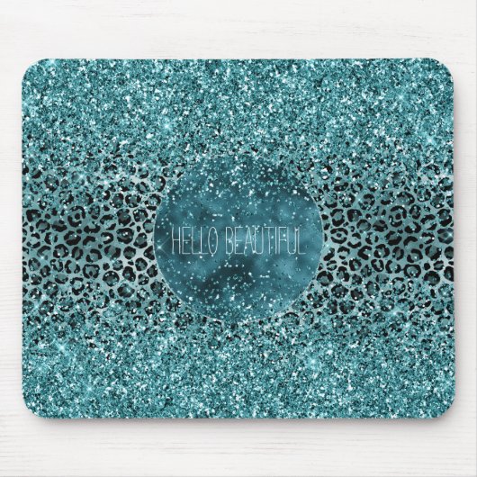 Glam Turquoise Blauwgroen Blue Leopard Print Glitt Muismat (Voorkant)