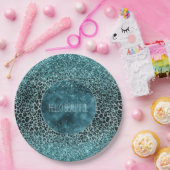 Glam Turquoise Blauwgroen Blue Leopard Print Glitt Papieren Bordje (Feest)