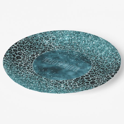 Glam Turquoise Blauwgroen Blue Leopard Print Glitt Papieren Bordje (Gekanteld)