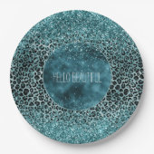Glam Turquoise Blauwgroen Blue Leopard Print Glitt Papieren Bordje (Voorkant)