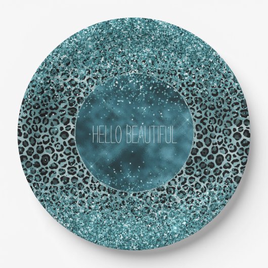 Glam Turquoise Blauwgroen Blue Leopard Print Glitt Papieren Bordje (Voorkant)