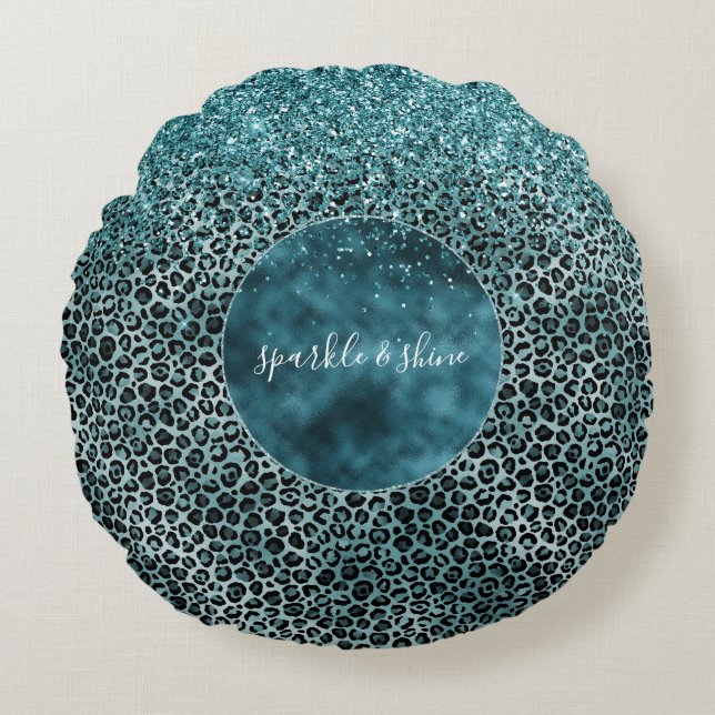 Glam Turquoise Blauwgroen Blue Leopard Print Glitt Rond Kussen (Voorkant)