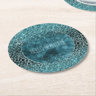 Glam Turquoise Blauwgroen Blue Leopard Print Glitt Ronde Kartonnen Onderzetter
