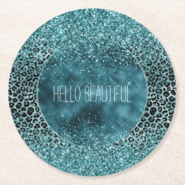 Glam Turquoise Blauwgroen Blue Leopard Print Glitt Ronde Kartonnen Onderzetter