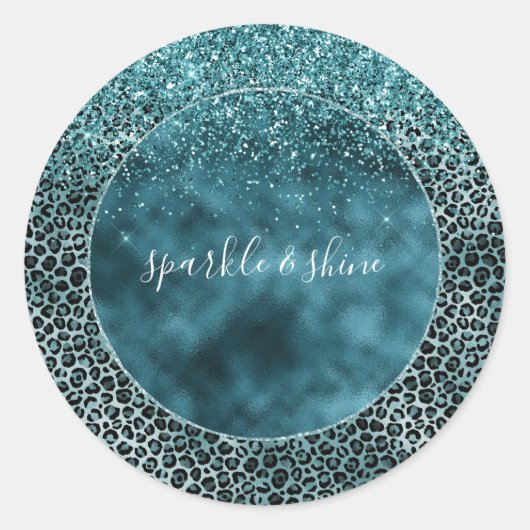 Glam Turquoise Blauwgroen Blue Leopard Print Glitt Ronde Sticker (Voorkant)