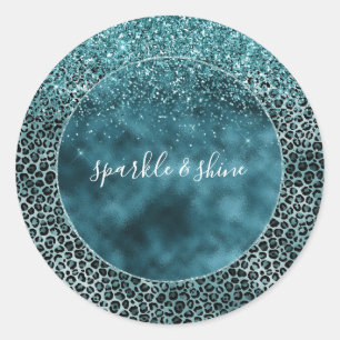 Glam Turquoise Blauwgroen Blue Leopard Print Glitt Ronde Sticker