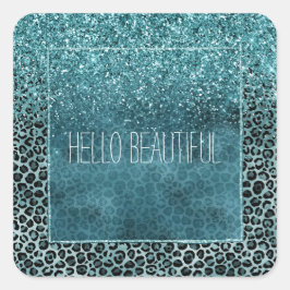Glam Turquoise Blauwgroen Blue Leopard Print Glitt Vierkante Sticker