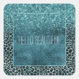 Glam Turquoise Blauwgroen Blue Leopard Print Glitt Vierkante Sticker