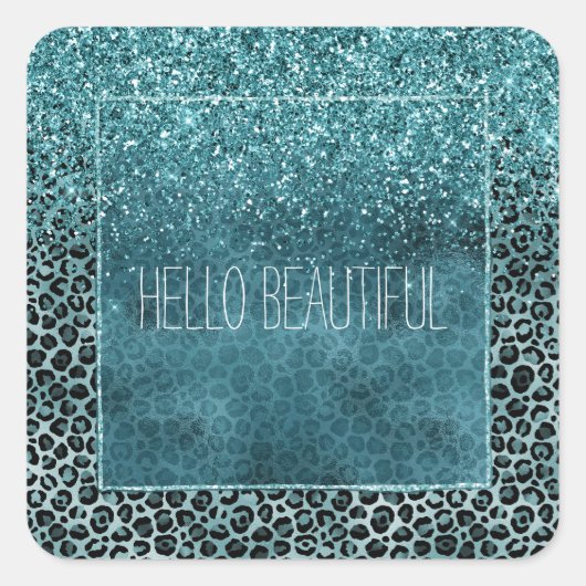 Glam Turquoise Blauwgroen Blue Leopard Print Glitt Vierkante Sticker (Voorkant)