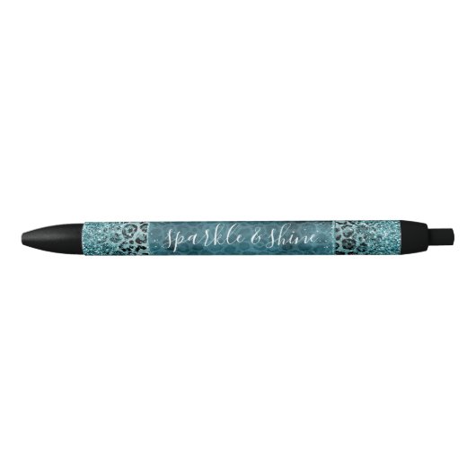 Glam Turquoise Blauwgroen Blue Leopard Print Glitt Zwarte Inkt Pen (Voorkant)