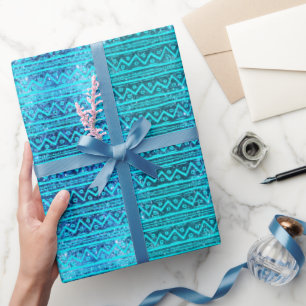 Glam Turquoise Faux Glitter Tribal Print Patroon Cadeaupapier