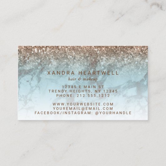 Glam Turquoise Marmer Brons Glitter Script Visitekaartje (Achterkant)