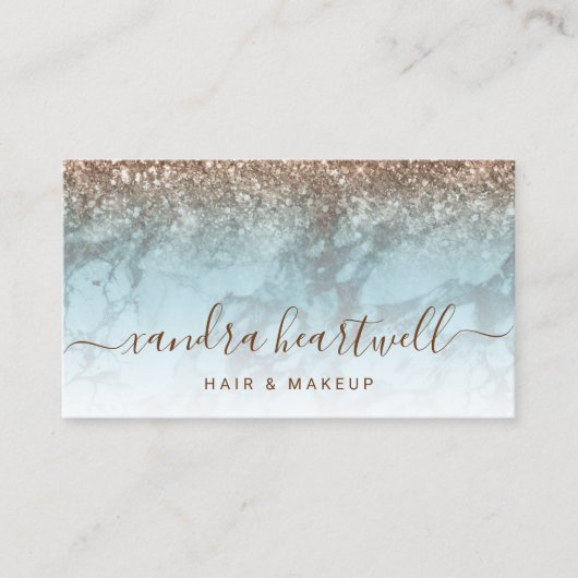 Glam Turquoise Marmer Brons Glitter Script Visitekaartje (Voorkant)