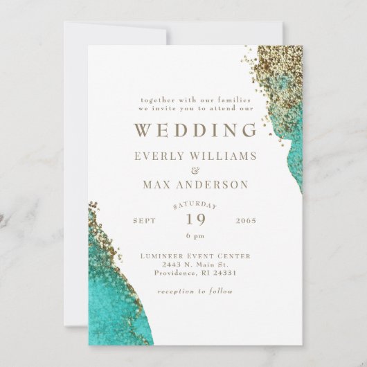 Glam Turquoise & Metallic Gouden Bruiloft Kaart (Voorkant)