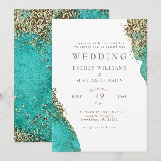 Glam Turquoise & Metallic Gouden Bruiloft Kaart (Voorkant / Achterkant)