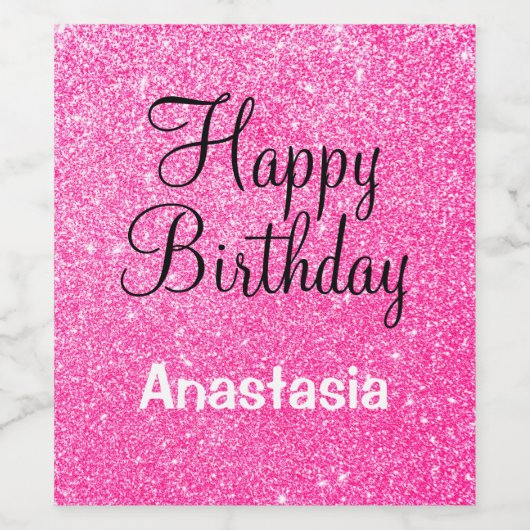 Glam Verjaardag Heet Roze Glitters Glans Naam Wijn Etiket (Enkel label)