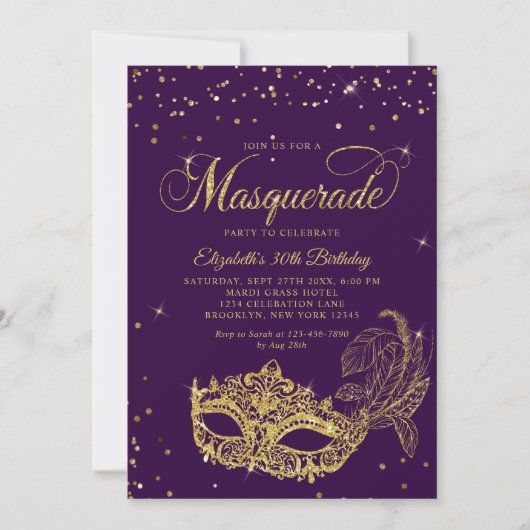 Glam Violet Goud Glitter Masquerade Verjaardag Kaart (Voorkant)