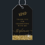 Glam voor goud en zwart cadeaulabel<br><div class="desc">Elegant zwart-goudfeest bevoordeelt labels met gouden glittergrens en verwart stofsproinkles op een zwarte achtergrond met de aangepaste tekst "xoxo dankjewel", perfect voor een moderne en christelijke verjaardag, bat mitzvah, Quinceañera, vrijgezellenfeest, baby shower, bachelorette party of afstuderen. Geef doopvonten, kleuren en lay-out uit om een pret en uniek het afnemen keepascadeau...</div>