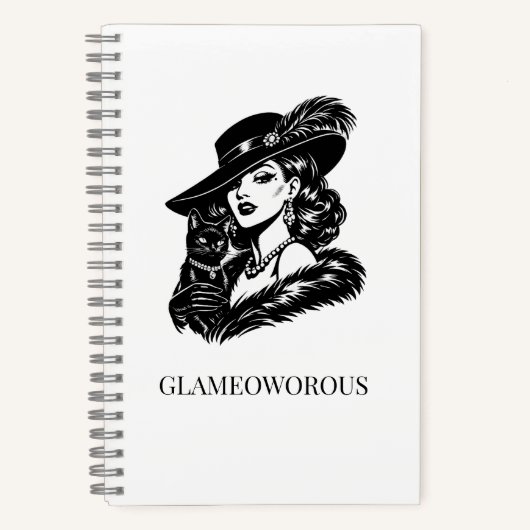 Glam vrouw met kat mode-illustratie notitieboek (Voorkant)