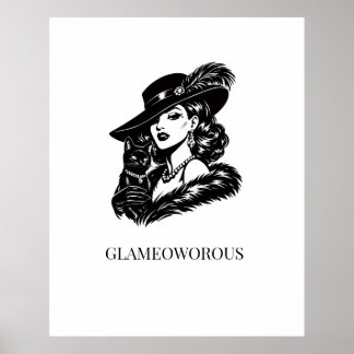 Glam vrouw met mode-illustratie van kat poster