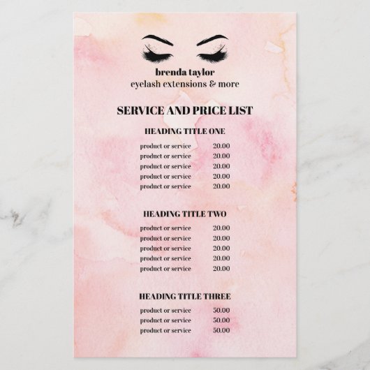 Glam watercolor roze WIMPER SALON SERVICE OVERZIC Flyer (Voorkant)