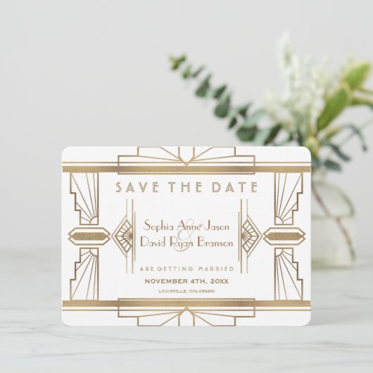 Glam White 1920's Great Gatsby Save The Date (Staand voorkant)