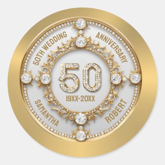 Glam White Diamonds 50ste bruiloft Jubileum Ronde Sticker (Voorkant)