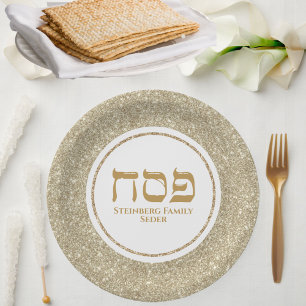 Glam White en Gold Glitter Jewish Passover Papieren Bordje