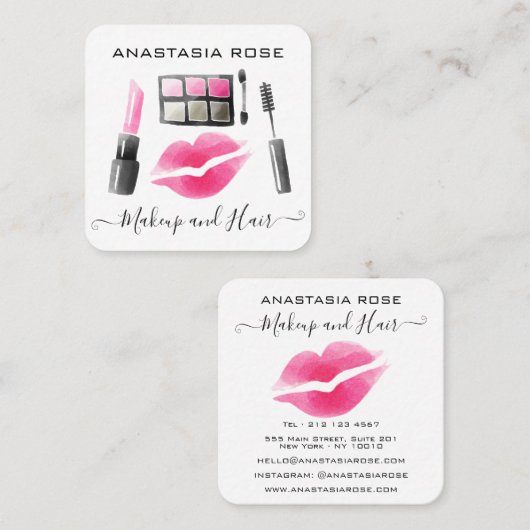 Glam White en roze lipstick Eyeshadow Makeup Artis Vierkante Visitekaartje (Voorkant / Achterkant)
