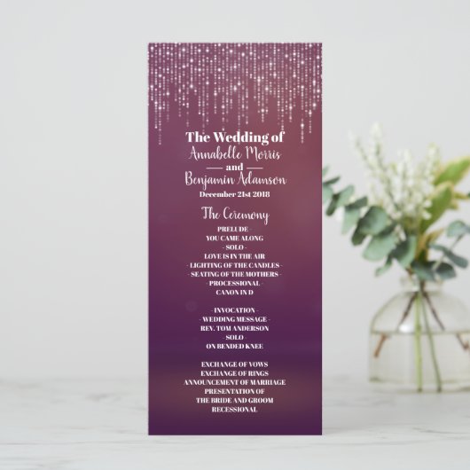 Glam White Fairy Licht Paarse roze bruiloft progra Programmakaart (Staand voorkant)