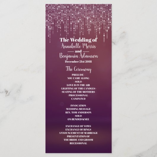 Glam White Fairy Licht Paarse roze bruiloft progra Programmakaart (Voorkant)