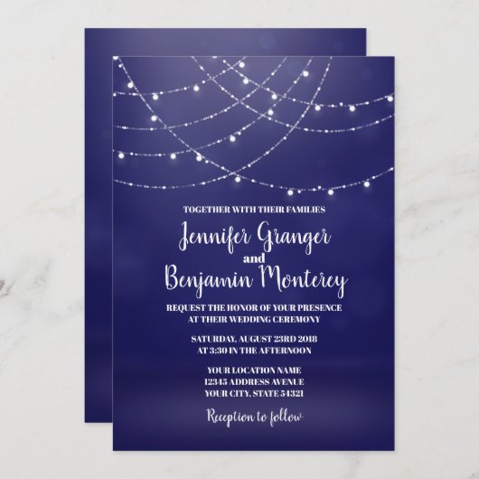 Glam White Fairy Lichten Blauw Bruiloft Kaart (Voorkant / Achterkant)