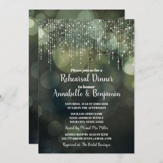 Glam White Fairy Light dark BOKEH Rehearsal Dinner Kaart (Voorkant / Achterkant)