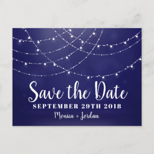Glam White Fairy Lights Blauw SAVE THE DATE Aankondigingskaart