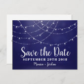 Glam White Fairy Lights Blauw SAVE THE DATE Aankondigingskaart (Voorkant / Achterkant)