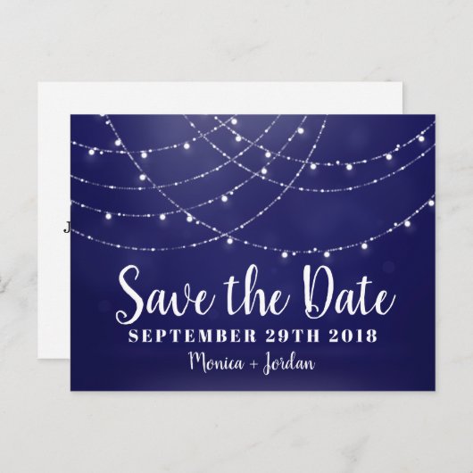 Glam White Fairy Lights Blauw SAVE THE DATE Aankondigingskaart (Voorkant / Achterkant)